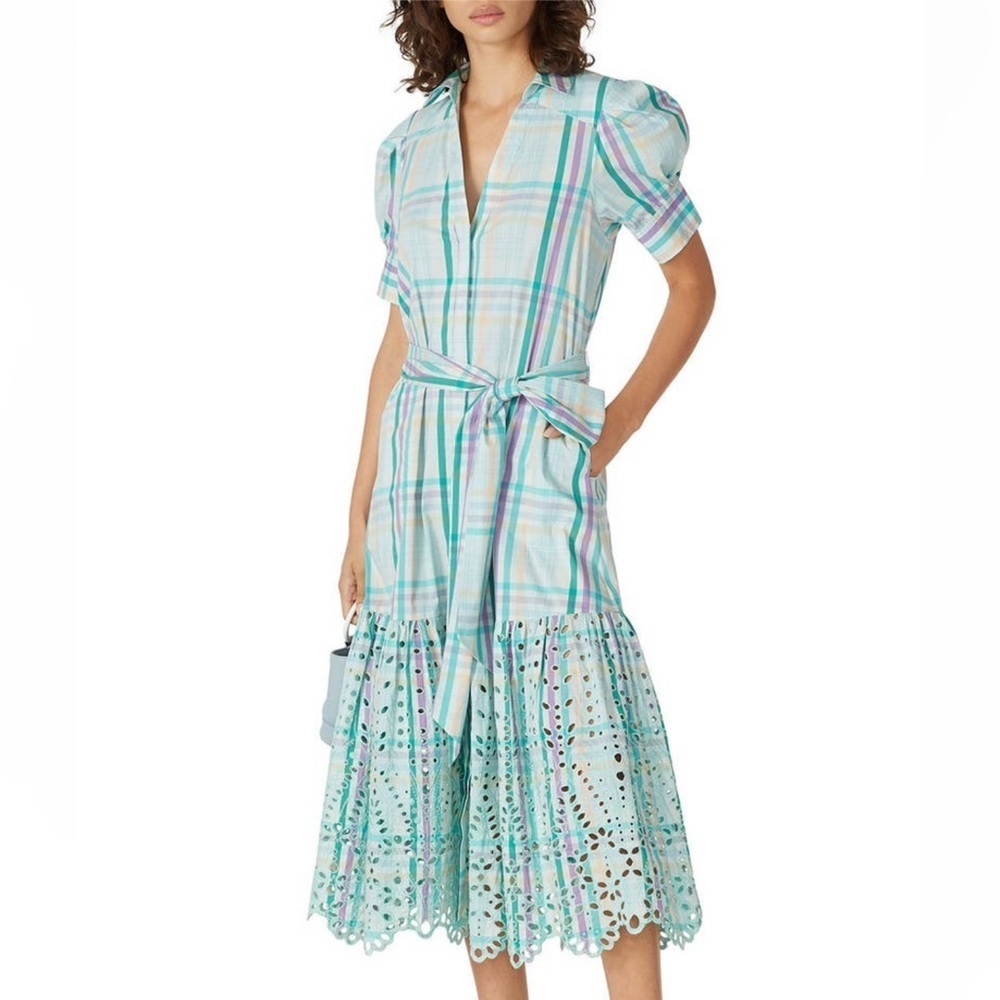 Tanya Taylor Plaid Striped Fern Short Puff Sleeve Eyelet Tie Waist Midi Dress 10